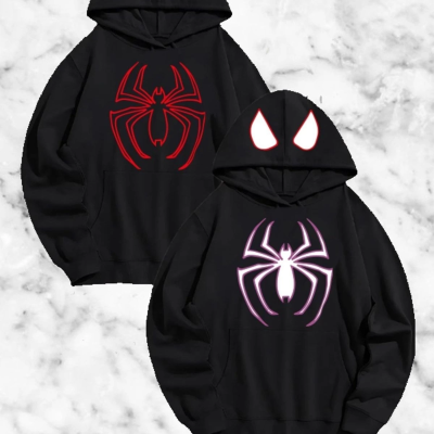Örümcek Baskılı Sevgili Çift Kombini Kapüşonlu Sweatshirt  Hodie - Siyah -