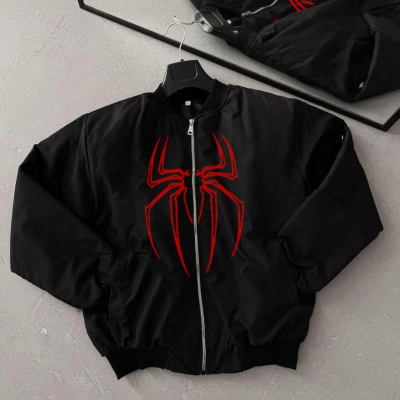 Örümcek Desenli Siyah Bomber Mont –    -