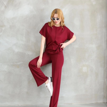 Osy Modal Yumuşak dokulu Kumaş Bisiklet Yaka Kısa Kollu Takım - Bordo -