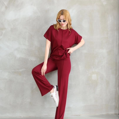 Osy Modal Yumuşak dokulu Kumaş Bisiklet Yaka Kısa Kollu Takım - Bordo -