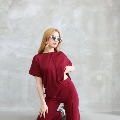 Osy Modal Yumuşak dokulu Kumaş Bisiklet Yaka Kısa Kollu Takım - Bordo -