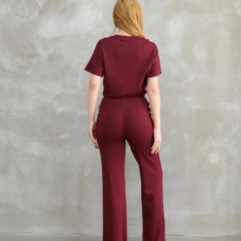 Osy Modal Yumuşak dokulu Kumaş Bisiklet Yaka Parçalı detaylı Kısa Kollu Takım - Bordo -