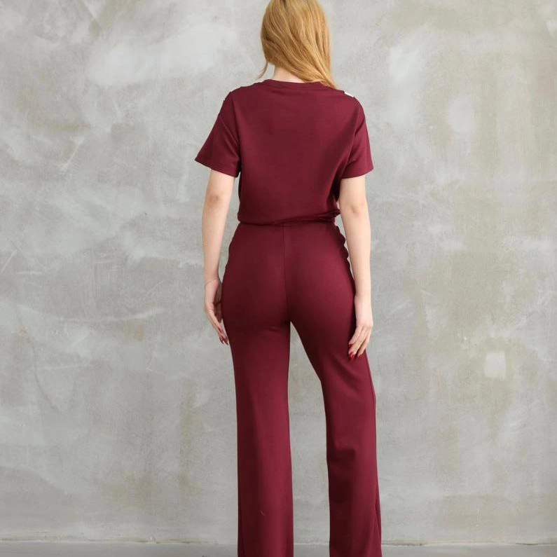 Osy Modal Yumuşak dokulu Kumaş Bisiklet Yaka Parçalı detaylı Kısa Kollu Takım - Bordo -