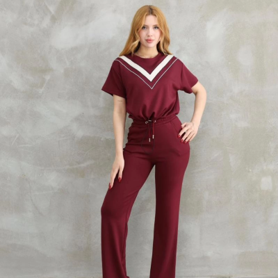 Osy Modal Yumuşak dokulu Kumaş Bisiklet Yaka Parçalı detaylı Kısa Kollu Takım - Bordo -