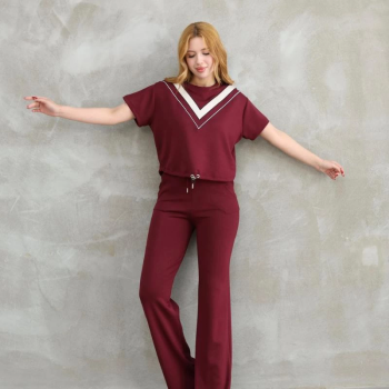 Osy Modal Yumuşak dokulu Kumaş Bisiklet Yaka Parçalı detaylı Kısa Kollu Takım - Bordo -