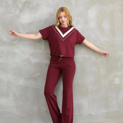 Osy Modal Yumuşak dokulu Kumaş Bisiklet Yaka Parçalı detaylı Kısa Kollu Takım - Bordo -