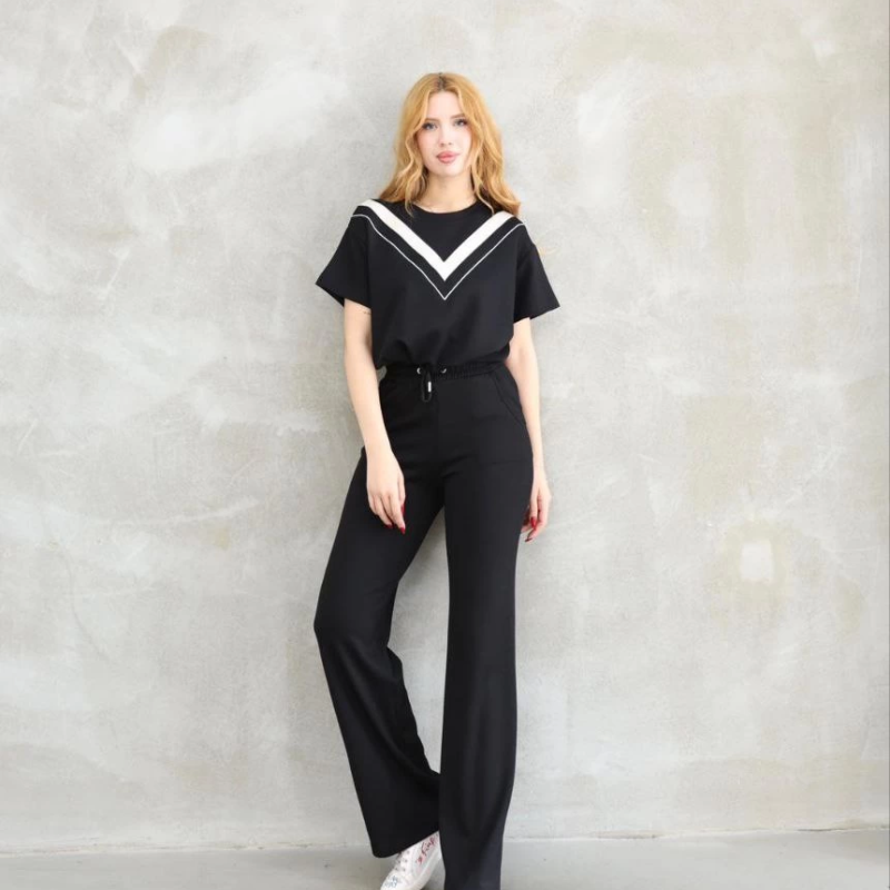 Osy Modal Yumuşak dokulu Kumaş Bisiklet Yaka Parçalı detaylı Kısa Kollu Takım - Siyah -