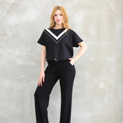 Osy Modal Yumuşak dokulu Kumaş Bisiklet Yaka Parçalı detaylı Kısa Kollu Takım - Siyah -