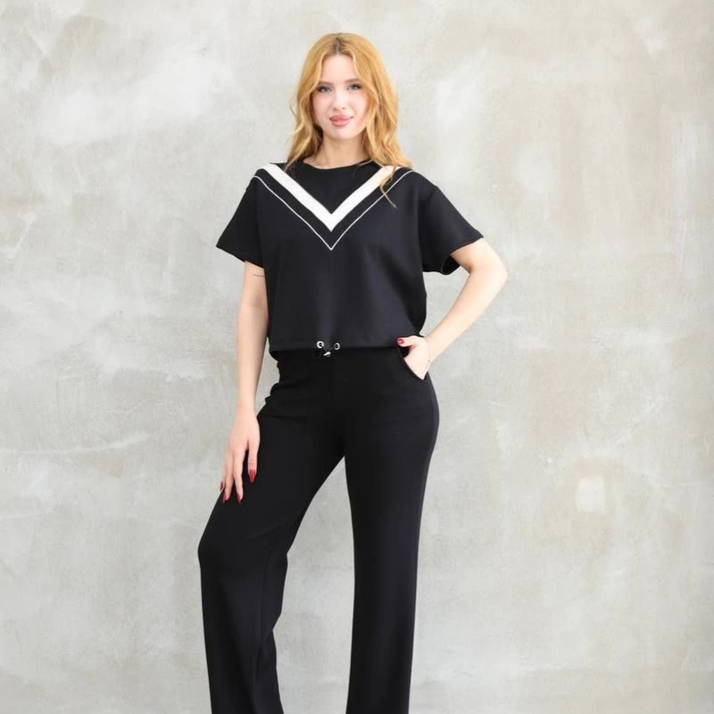 Osy Modal Yumuşak dokulu Kumaş Bisiklet Yaka Parçalı detaylı Kısa Kollu Takım - Siyah -