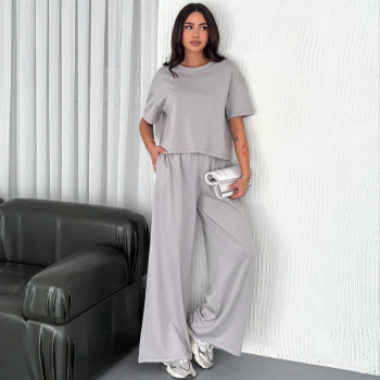 Osy Modal Yumuşak Dokulu Kumaş Bisiklet Yaka T-shirt Bol paça Pantalon ikili Takım - Boyalı Gri -