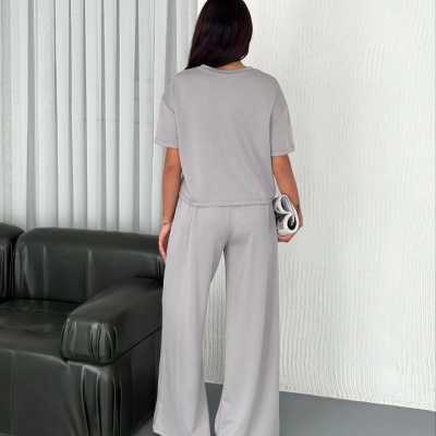 Osy Modal Yumuşak Dokulu Kumaş Bisiklet Yaka T-shirt Bol paça Pantalon ikili Takım - Boyalı Gri -