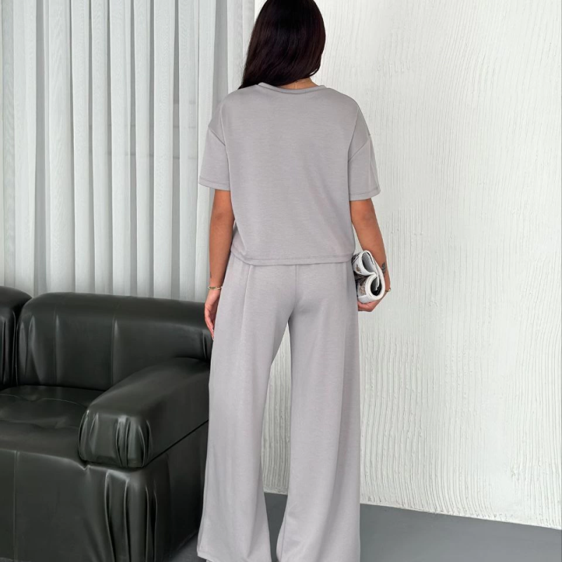 Osy Modal Yumuşak Dokulu Kumaş Bisiklet Yaka T-shirt Bol paça Pantalon ikili Takım - Boyalı Gri -