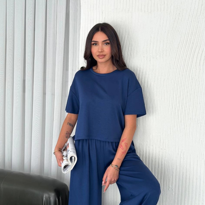 Osy Modal Yumuşak Dokulu Kumaş Bisiklet Yaka T-shirt Bol paça Pantalon ikili Takım -Saks Mavi -