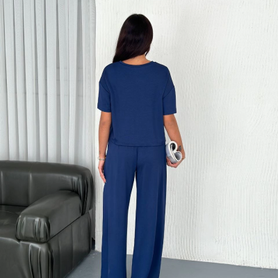 Osy Modal Yumuşak Dokulu Kumaş Bisiklet Yaka T-shirt Bol paça Pantalon ikili Takım -Saks Mavi -