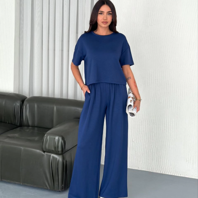 Osy Modal Yumuşak Dokulu Kumaş Bisiklet Yaka T-shirt Bol paça Pantalon ikili Takım -Saks Mavi -