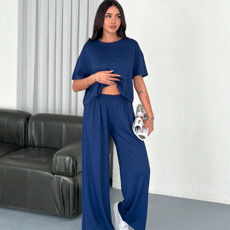 Osy Modal Yumuşak Dokulu Kumaş Bisiklet Yaka T-shirt Bol paça Pantalon ikili Takım -Saks Mavi -