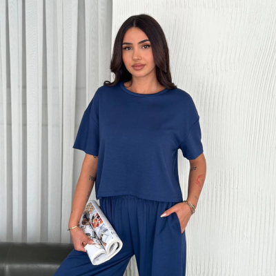 Osy Modal Yumuşak Dokulu Kumaş Bisiklet Yaka T-shirt Bol paça Pantalon ikili Takım -Saks Mavi -