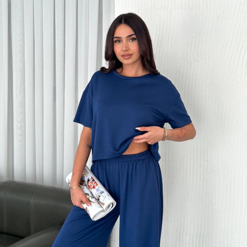Osy Modal Yumuşak Dokulu Kumaş Bisiklet Yaka T-shirt Bol paça Pantalon ikili Takım -Saks Mavi -