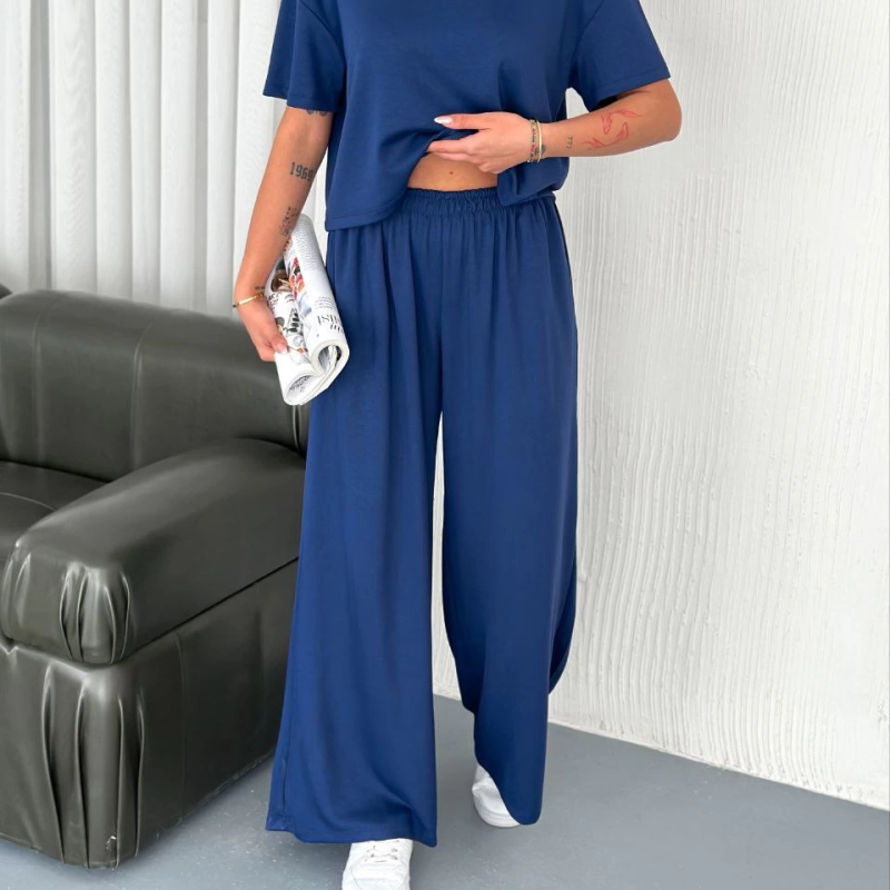 Osy Modal Yumuşak Dokulu Kumaş Bisiklet Yaka T-shirt Bol paça Pantalon ikili Takım -Saks Mavi -