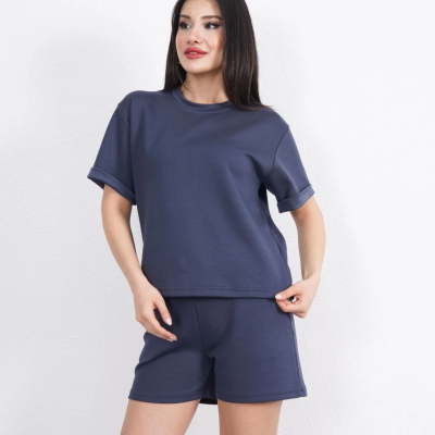 Osy Modal yumuşak dokulu Kumaş   Bisiklet Yaka T-shirt Kısa Şort İkili Takım - Antrasit -