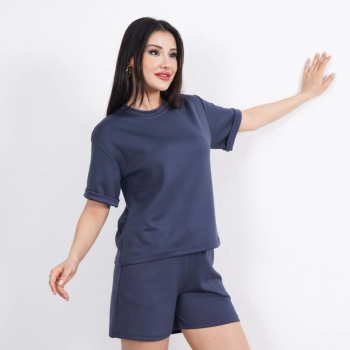 Osy Modal yumuşak dokulu Kumaş   Bisiklet Yaka T-shirt Kısa Şort İkili Takım - Antrasit -