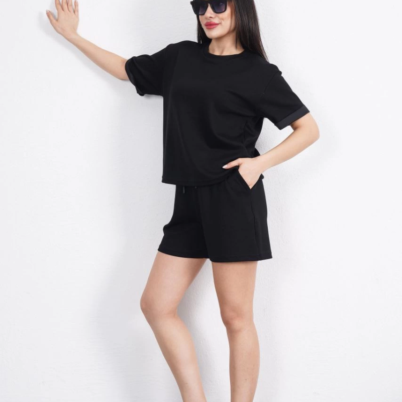 Osy Modal yumuşak dokulu Kumaş   Bisiklet Yaka T-shirt Kısa Şort İkili Takım - Siyah -