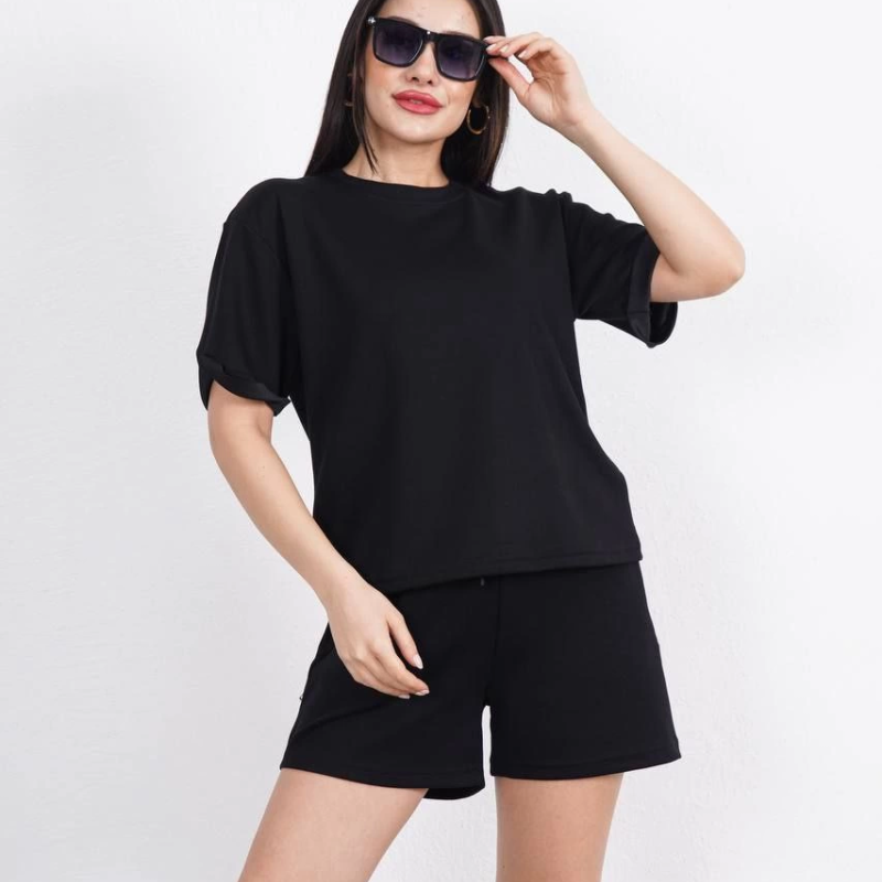 Osy Modal yumuşak dokulu Kumaş   Bisiklet Yaka T-shirt Kısa Şort İkili Takım - Siyah -