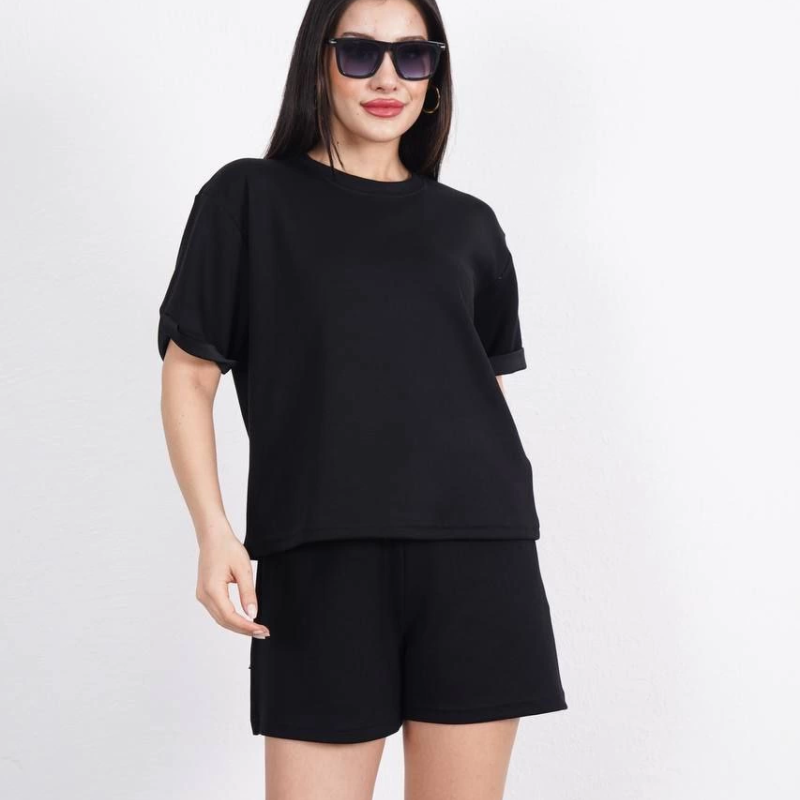 Osy Modal yumuşak dokulu Kumaş   Bisiklet Yaka T-shirt Kısa Şort İkili Takım - Siyah -