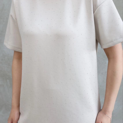 Osy Modal Yumuşak dokulu Kumaş Bisiklet Yaka Taş detaylı Kısa Kollu Takım - Kırık Beyaz -