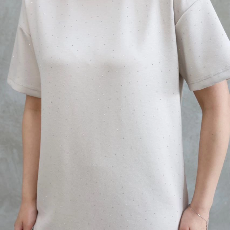 Osy Modal Yumuşak dokulu Kumaş Bisiklet Yaka Taş detaylı Kısa Kollu Takım - Kırık Beyaz -