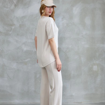 Osy Modal Yumuşak dokulu Kumaş Bisiklet Yaka Taş detaylı Kısa Kollu Takım - Kırık Beyaz -