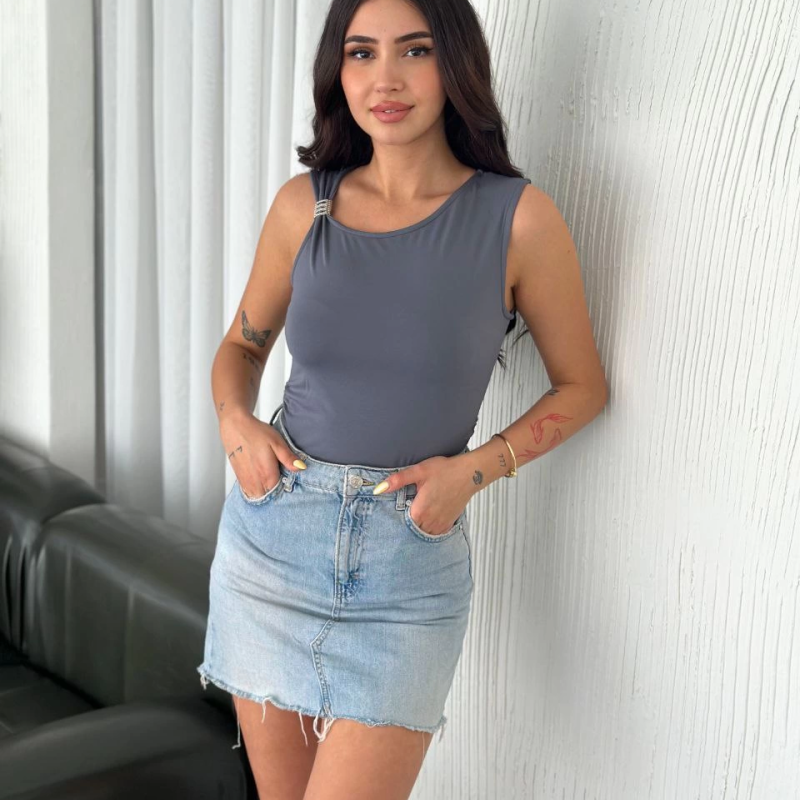 Osy Modal Yumuşak Dokulu Kumaş Bluz Aksesuar Detaylı - Antrasit -