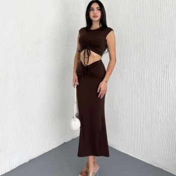 Osy Modal Yumuşak Dokulu Kumaş Büzgülü Crop Etek Takım -Kahverengi