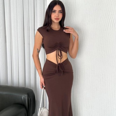 Osy Modal Yumuşak Dokulu Kumaş Büzgülü Crop Etek Takım -Kahverengi