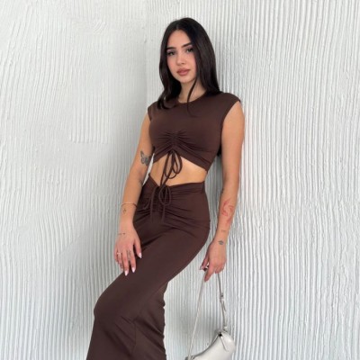 Osy Modal Yumuşak Dokulu Kumaş Büzgülü Crop Etek Takım -Kahverengi