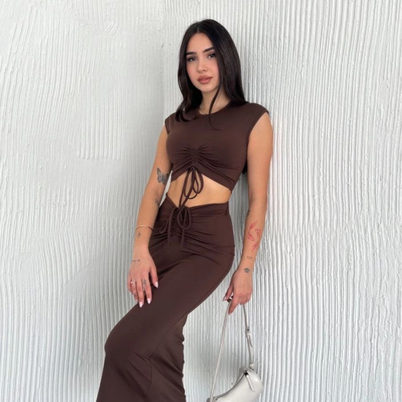 Osy Modal Yumuşak Dokulu Kumaş Büzgülü Crop Etek Takım -Kahverengi