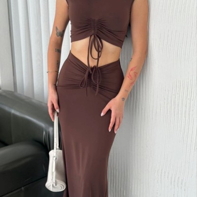 Osy Modal Yumuşak Dokulu Kumaş Büzgülü Crop Etek Takım -Kahverengi