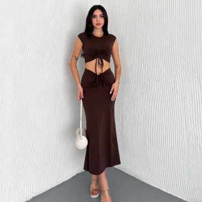 Osy Modal Yumuşak Dokulu Kumaş Büzgülü Crop Etek Takım -Kahverengi
