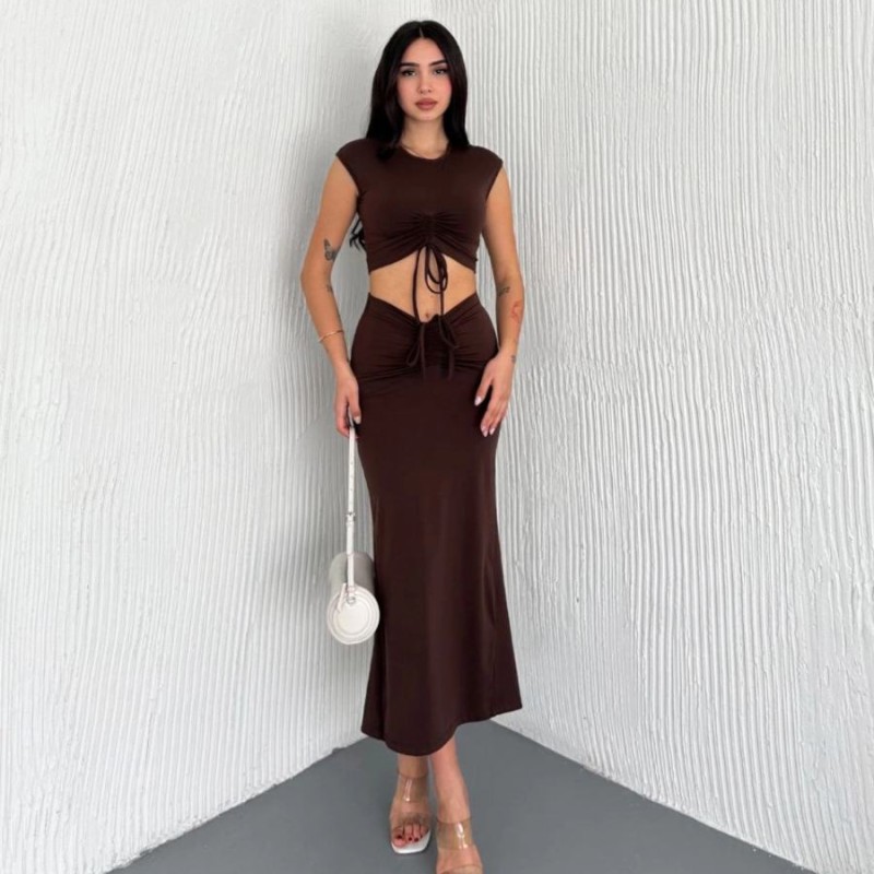 Osy Modal Yumuşak Dokulu Kumaş Büzgülü Crop Etek Takım -Kahverengi