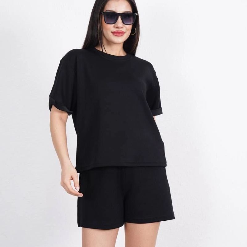 Osy Modal yumuşak dokulu Kumaş Kadın Bisiklet Yaka T-shirt Kısa Şort İkili Takım - Siyah
