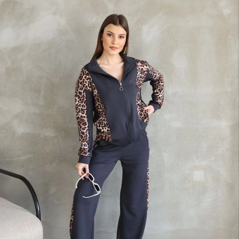 Osy Modal Yumuşak Dokulu Kumaş Kapüşonlu Leopar Desenli Fermuarlı Takım - Antrasit