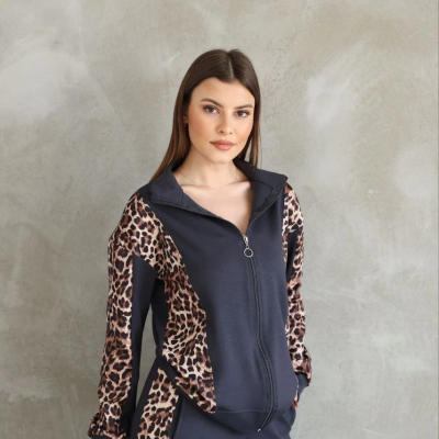 Osy Modal Yumuşak Dokulu Kumaş Kapüşonlu Leopar Desenli Fermuarlı Takım - Antrasit