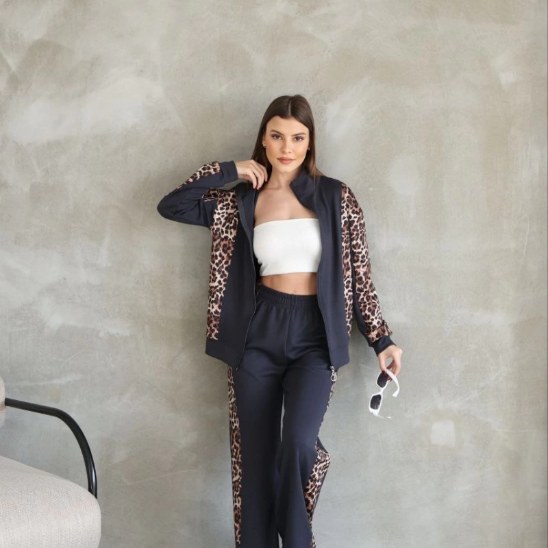 Osy Modal Yumuşak Dokulu Kumaş Kapüşonlu Leopar Desenli Fermuarlı Takım - Antrasit