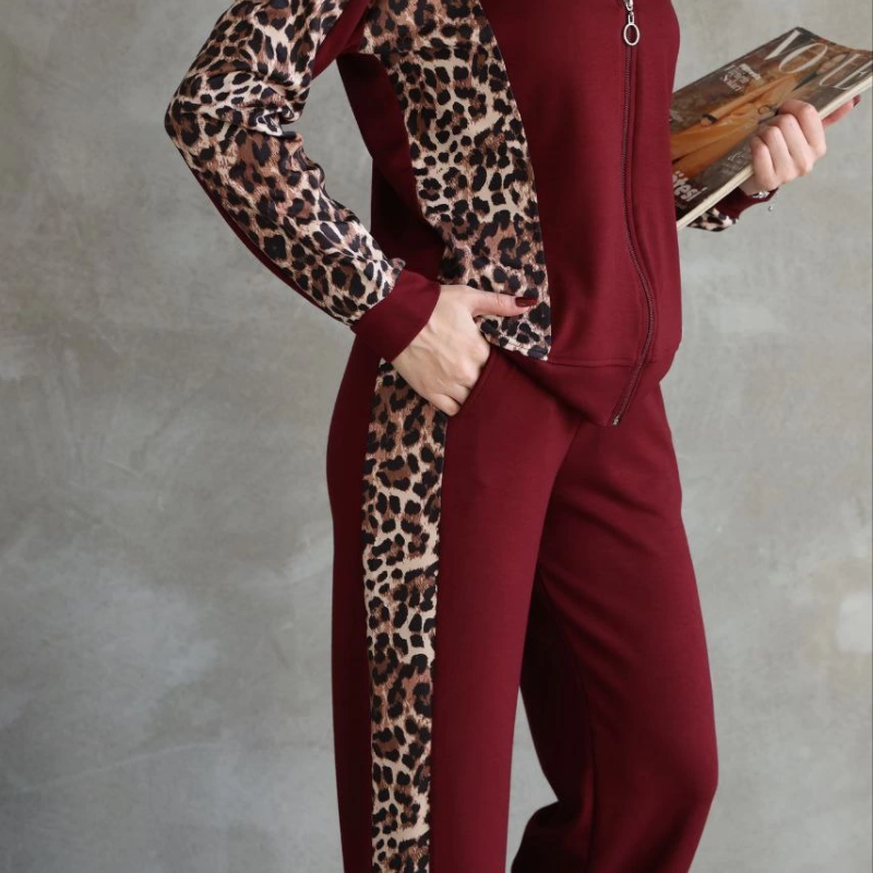 Osy Modal Yumuşak Dokulu Kumaş Kapüşonlu Leopar Desenli Fermuarlı Takım - Bordo -