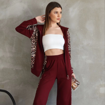 Osy Modal Yumuşak Dokulu Kumaş Kapüşonlu Leopar Desenli Fermuarlı Takım - Bordo -