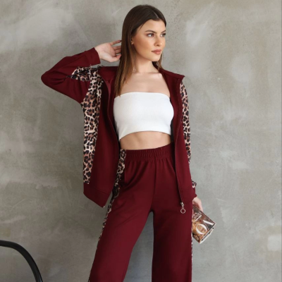 Osy Modal Yumuşak Dokulu Kumaş Kapüşonlu Leopar Desenli Fermuarlı Takım - Bordo -