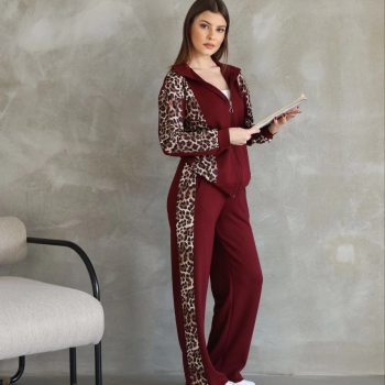 Osy Modal Yumuşak Dokulu Kumaş Kapüşonlu Leopar Desenli Fermuarlı Takım - Bordo -