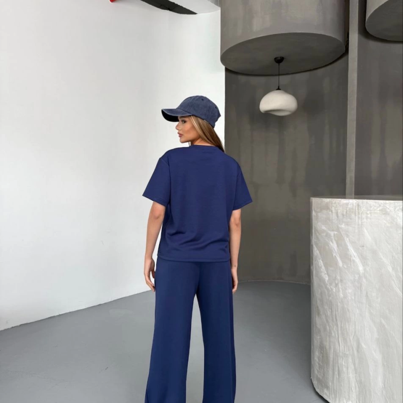 Osy Modal Yumuşak Dokulu Kumaş Kısa Kollu Bluz Rahat Pantalon ikili Takım- Lacivert -