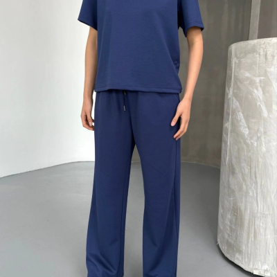 Osy Modal Yumuşak Dokulu Kumaş Kısa Kollu Bluz Rahat Pantalon ikili Takım- Lacivert -