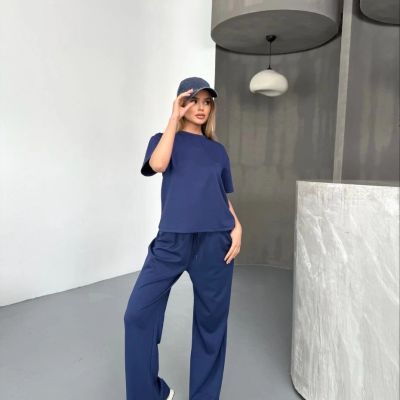 Osy Modal Yumuşak Dokulu Kumaş Kısa Kollu Bluz Rahat Pantalon ikili Takım- Lacivert -